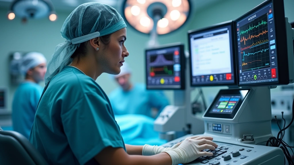 Professional anesthesia technician working at advanced anesthesia machine with multiple monitors displaying patient vital signs in modern operating room, wearing surgical attire and focused on equipment controls