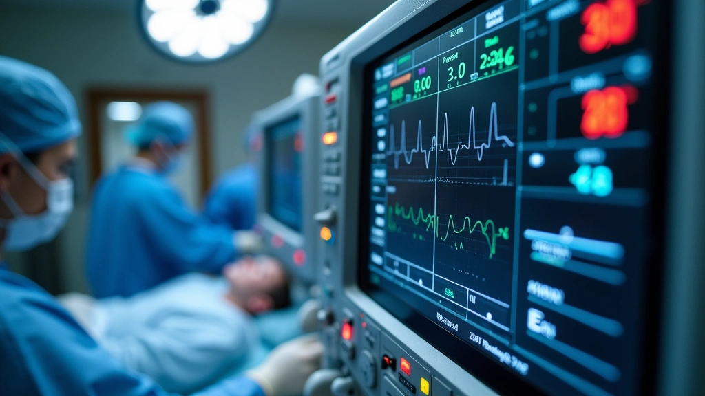 Close-up of sophisticated anesthesia monitoring equipment with digital displays showing patient data, pulse oximetry readings, and capnography waveforms in clinical setting