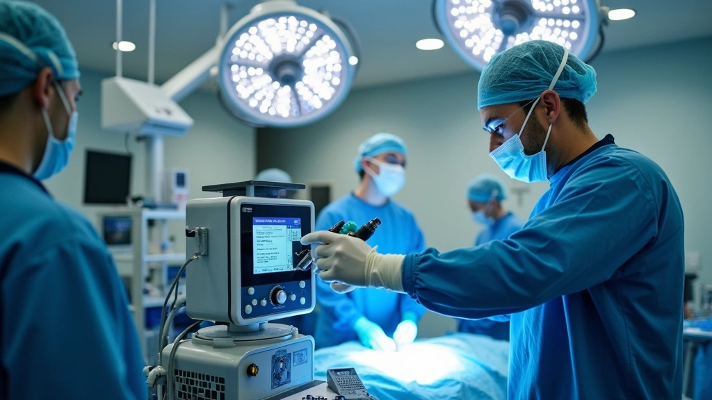 Anesthesia technician performing equipment maintenance and calibration on modern ventilator system in hospital operating room with surgical lights overhead