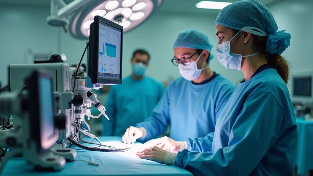 Professional anesthesiologist and anesthesia technician working together in modern operating room with advanced monitoring equipment and anesthesia machine