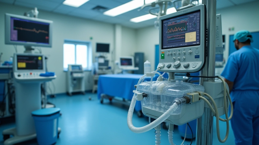 Close-up of anesthesia delivery system with ventilator, monitors, and medical equipment in surgical suite environment