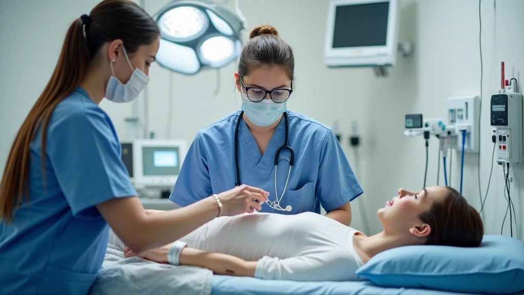 Anesthesia technician student practicing with patient simulation mannequin in clinical laboratory setting with instructor supervision