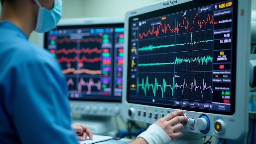 Anesthesia workstation display showing real-time vital signs monitoring with touchscreen interface, waveform displays for ECG and capnography, digital readouts for blood pressure and oxygen saturation in a modern operating room setting