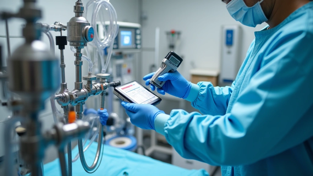 Anesthesia technician performing equipment checkout procedures on a gas delivery system, examining flowmeters and vaporizers, using measurement instruments in a hospital perioperative area