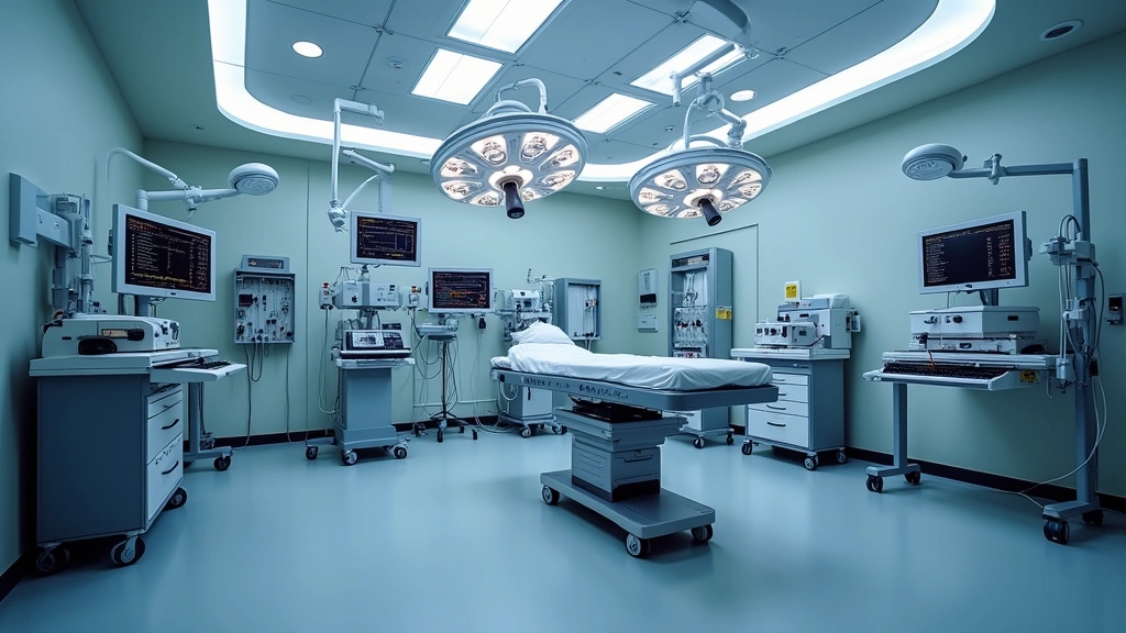 Modern operating room setup with integrated anesthesia delivery system, ventilator, multiple monitoring displays, backup power systems, and networked equipment showing clinical workflow integration in a surgical environment