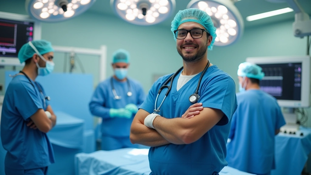 Anesthesia technician in scrubs standing confidently in state-of-the-art operating room with integrated surgical technology and advanced monitoring systems visible in background