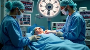 Professional anesthesiologist adjusting modern anesthesia machine in sterile operating room, multiple monitors displaying vital signs, hands operating control panels and knobs