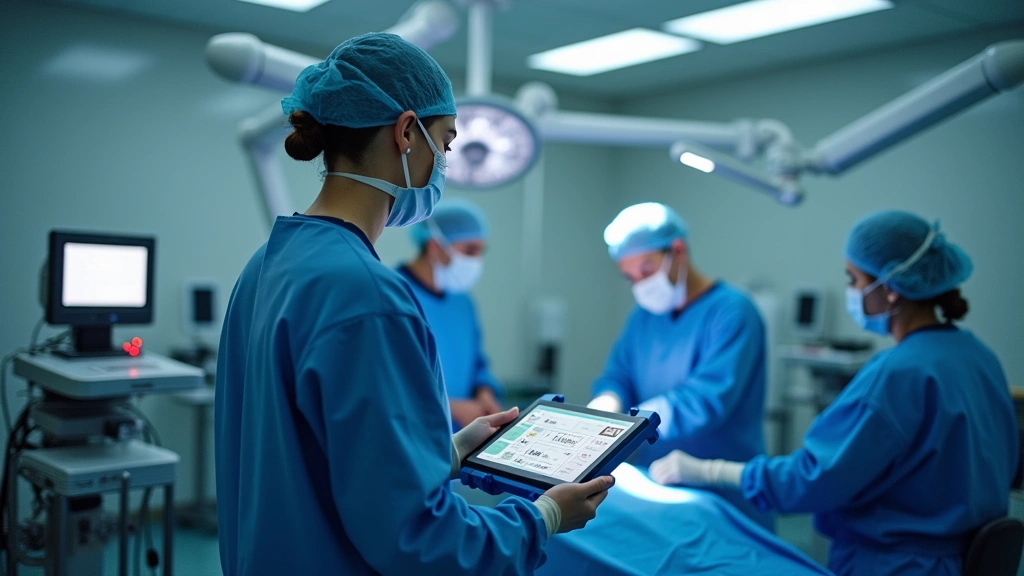 Professional anesthesia technician working with portable vital signs monitor in modern operating room, checking digital display with patient data, clinical lighting, realistic medical environment