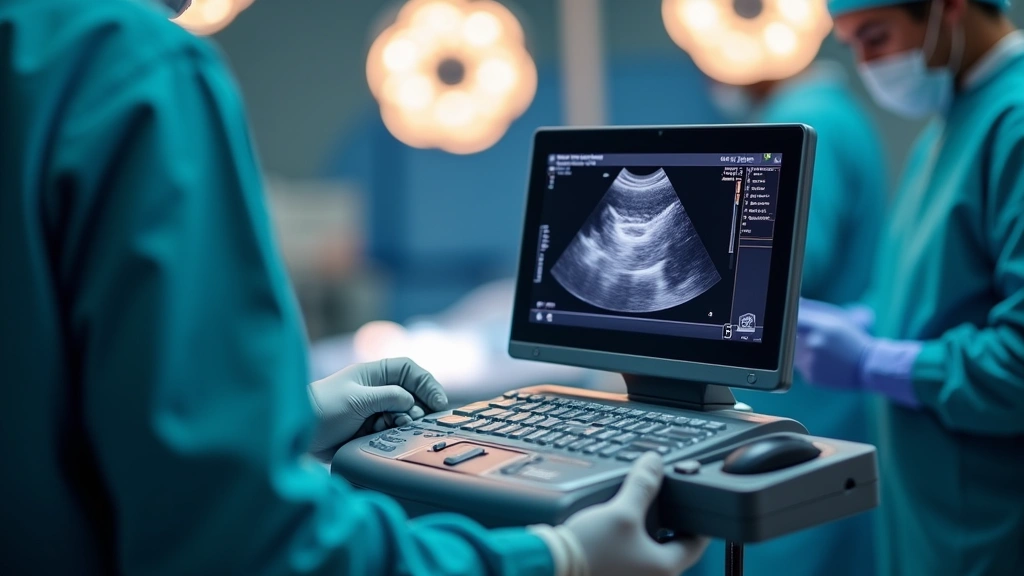 High-resolution portable ultrasound machine with probe and monitor display, held by gloved hand in operating room, surgical lights visible in background, professional medical environment
