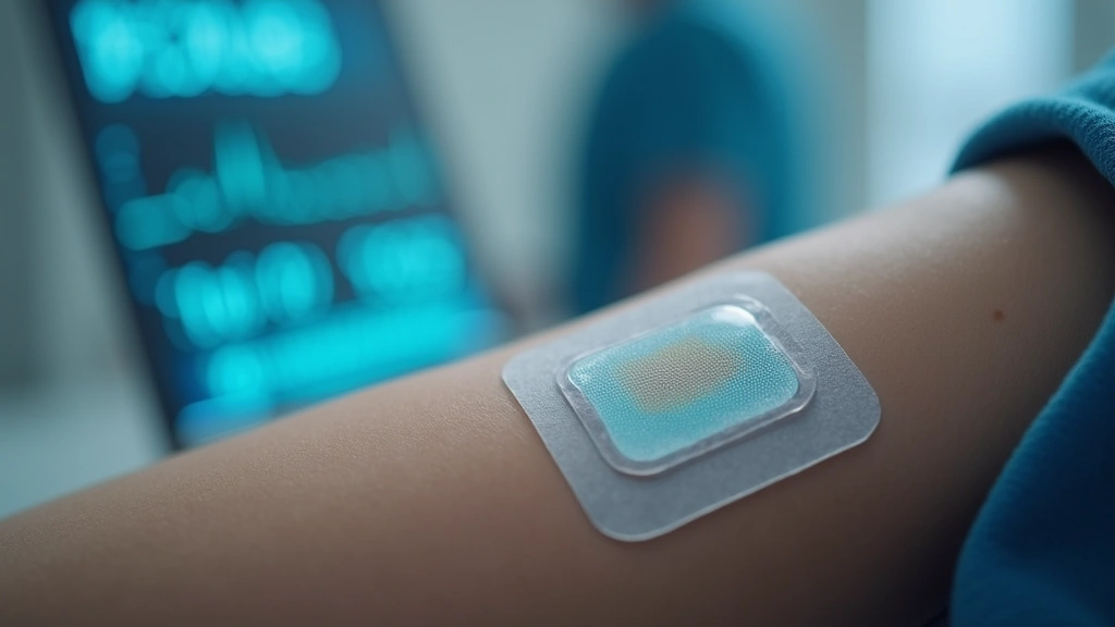 Wearable biometric sensor patch on patient skin with wireless monitoring display showing vital signs data, clean medical setting, health tracking technology visualization
