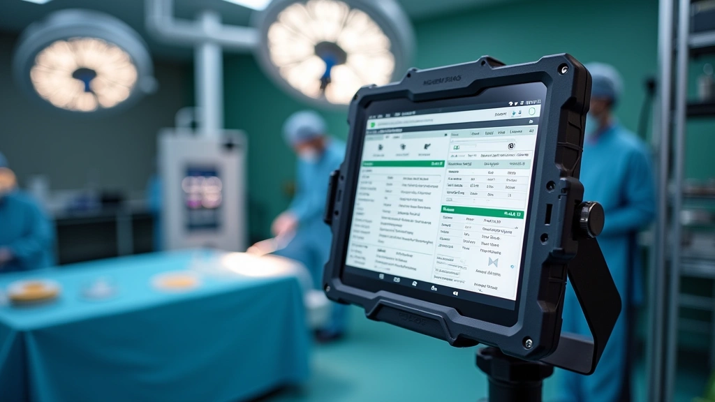 Ruggedized tablet device with anesthesia documentation interface displayed, mounted on operating room stand next to infusion pump, clinical environment with surgical tools