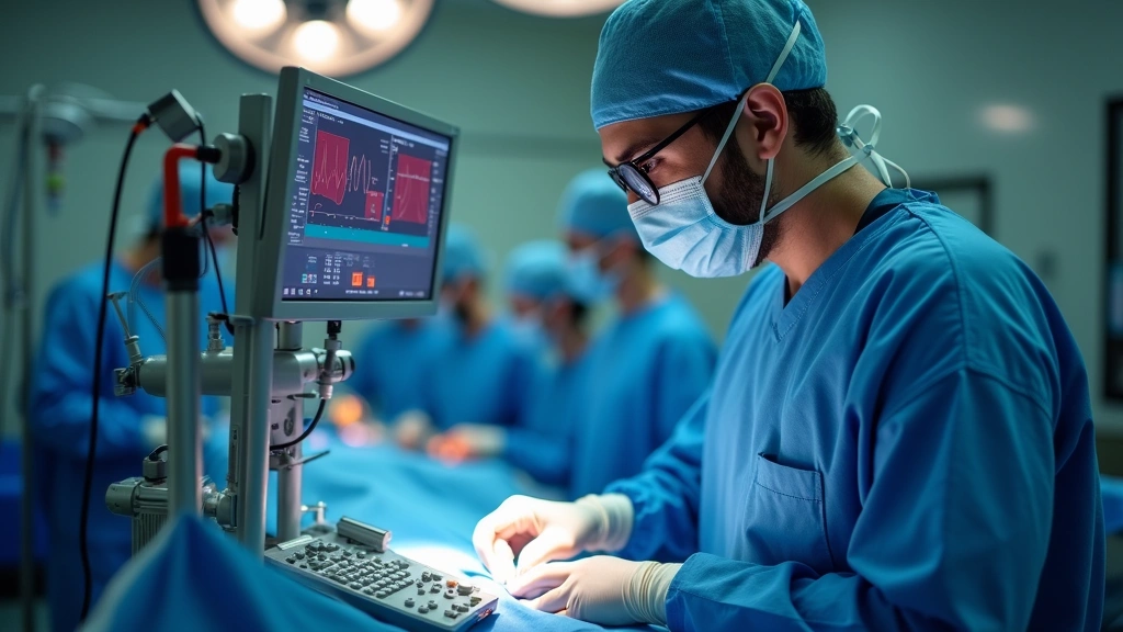 Professional anesthesia technician in surgical operating room wearing scrubs and mask, monitoring advanced anesthesia delivery equipment and vital signs displays during surgical procedure, hands-on interaction with medical technology