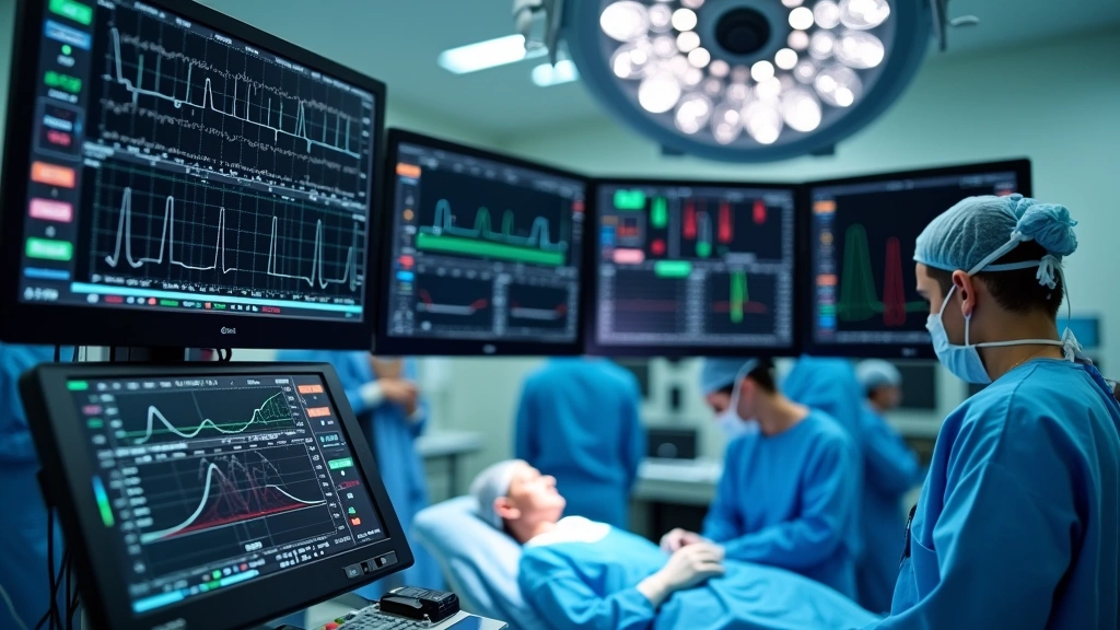 Close-up of modern anesthesia workstation with multiple digital monitors displaying patient vital signs, waveforms, and oxygen saturation readings in hospital operating theater environment