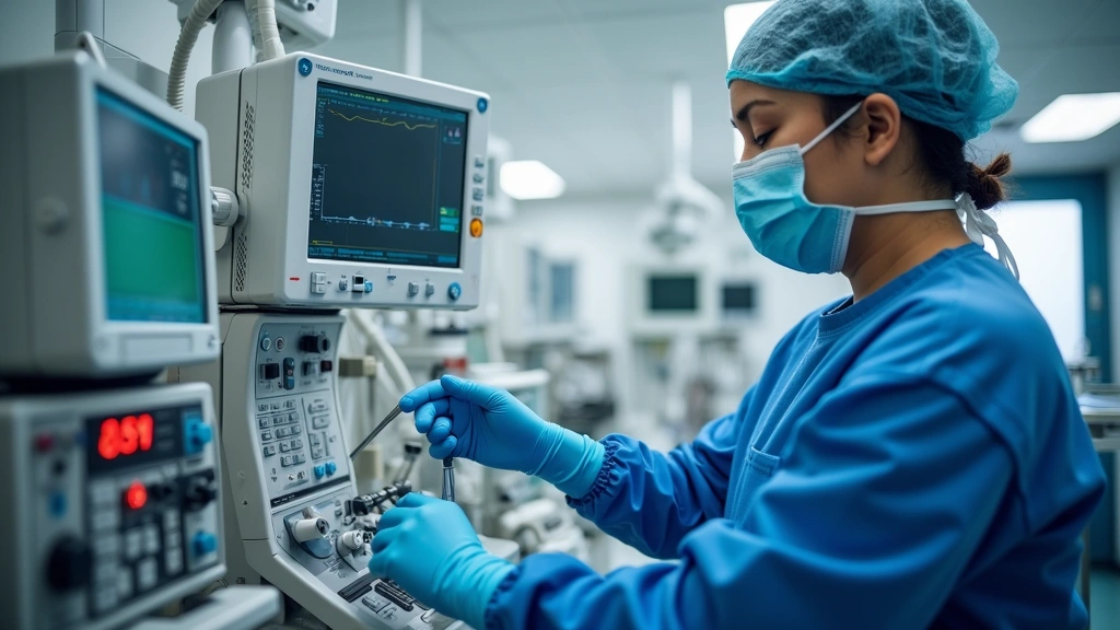 Anesthesia technician performing equipment maintenance and calibration on advanced surgical monitoring systems and anesthesia delivery apparatus in hospital facility, demonstrating technical expertise