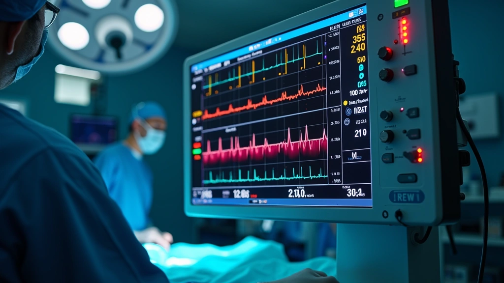 Close-up of advanced patient monitor display showing colorful waveforms, vital signs, and hemodynamic parameters in a modern operating room setting with surgical lights visible