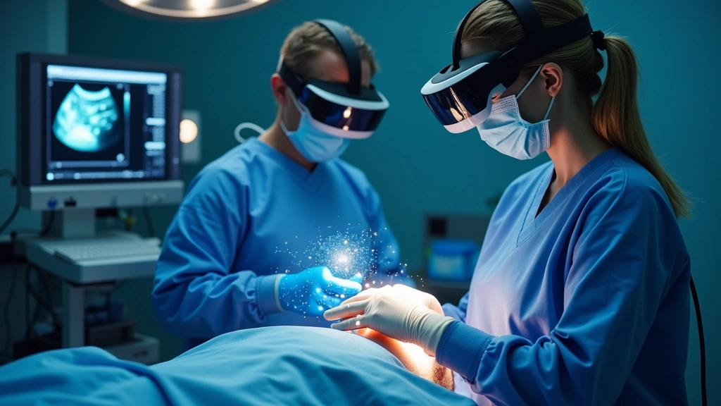 Anesthesiologist wearing augmented reality headset performing regional anesthesia block with ultrasound guidance, showing AR overlay visualization on transparent display visor