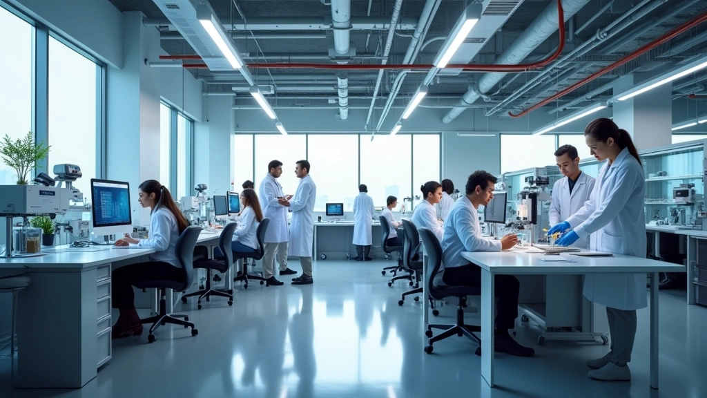 Modern research laboratory with advanced scientific equipment, diverse team of engineers and scientists collaborating at workstations, photorealistic professional environment with cutting-edge technology, clean modern facility with natural lighting