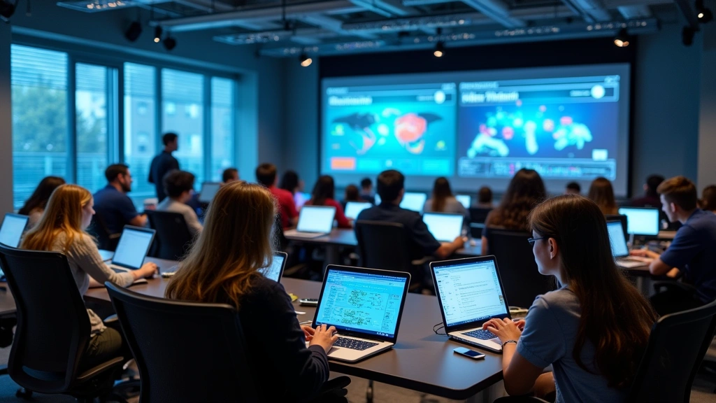 Contemporary university classroom with students using laptops and advanced technology, collaborative learning environment with interactive displays, diverse student group engaged in STEM education, modern educational facility