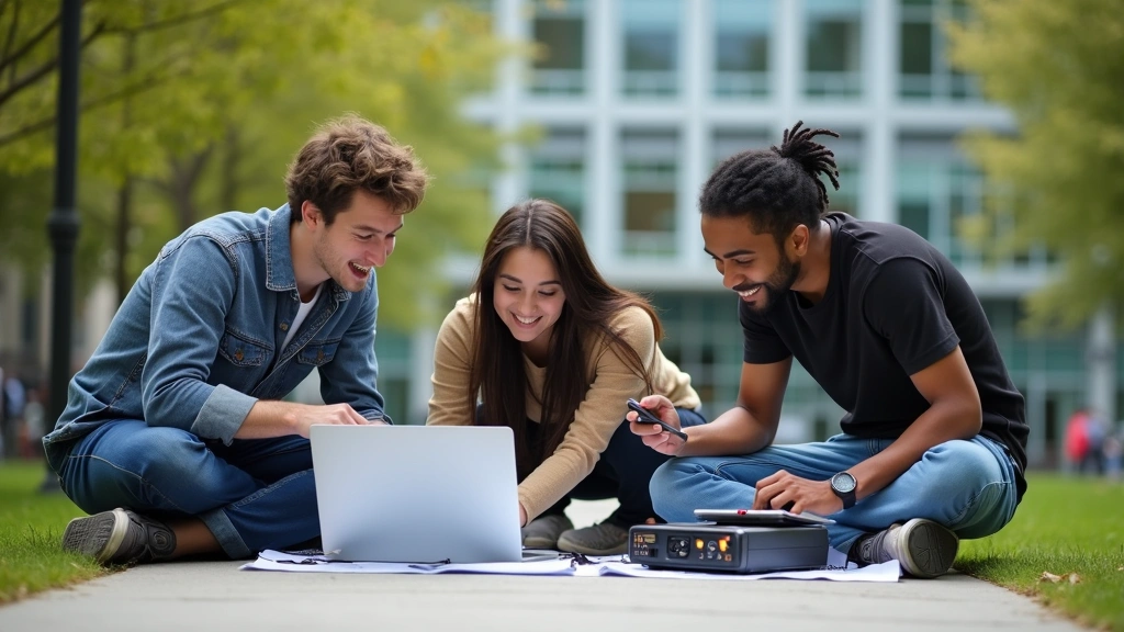 University campus outdoor space with students working on engineering projects, diverse group collaborating with laptop and technical equipment, contemporary institutional setting, natural lighting showing innovation and teamwork
