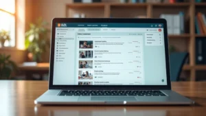 Photorealistic laptop screen displaying D2L learning management system dashboard with course tiles, notifications, and navigation menu visible, modern minimalist interface design, warm office lighting