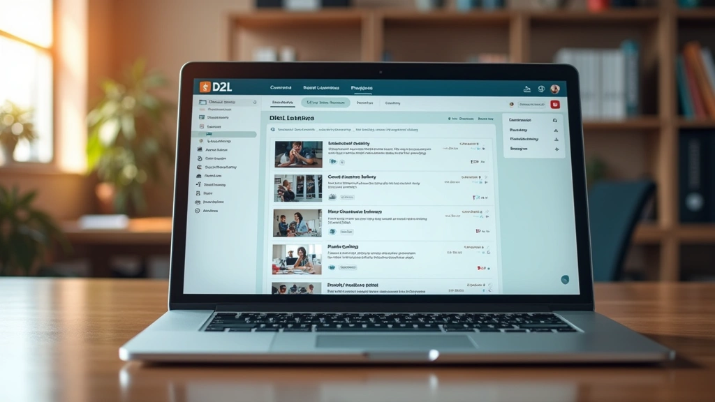 Photorealistic laptop screen displaying D2L learning management system dashboard with course tiles, notifications, and navigation menu visible, modern minimalist interface design, warm office lighting