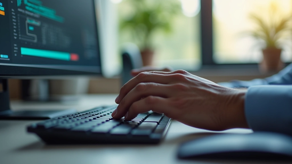 Close-up of hands typing on mechanical keyboard with D2L interface blurred in background monitor, professional workspace, natural daylight through window, focused learning environment