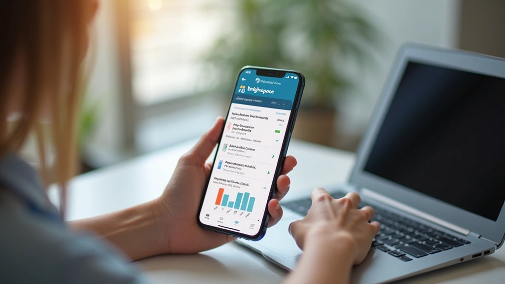 Smartphone displaying Brightspace mobile app with course materials, assignment submission screen, and grade tracking visible, held at comfortable angle, modern device design, home study setting
