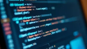Close-up of computer monitor displaying website with ad-blocking interface overlay, showing JavaScript detection code and technical security elements, photorealistic modern desktop setup