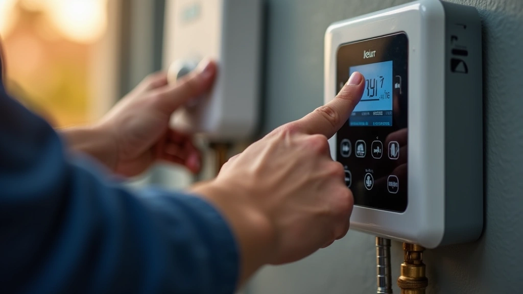 Close-up professional photograph of a technician's hands working on water heater controls and thermostat settings, demonstrating technical troubleshooting with visible digital display panel, warm lighting, shallow depth of field