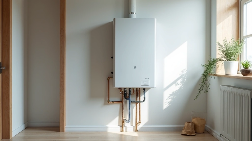 Wide shot of a modern home utility room showing an AO Smith tankless water heater unit mounted on wall with clear piping and electrical connections visible, professional installation setup, natural daylight