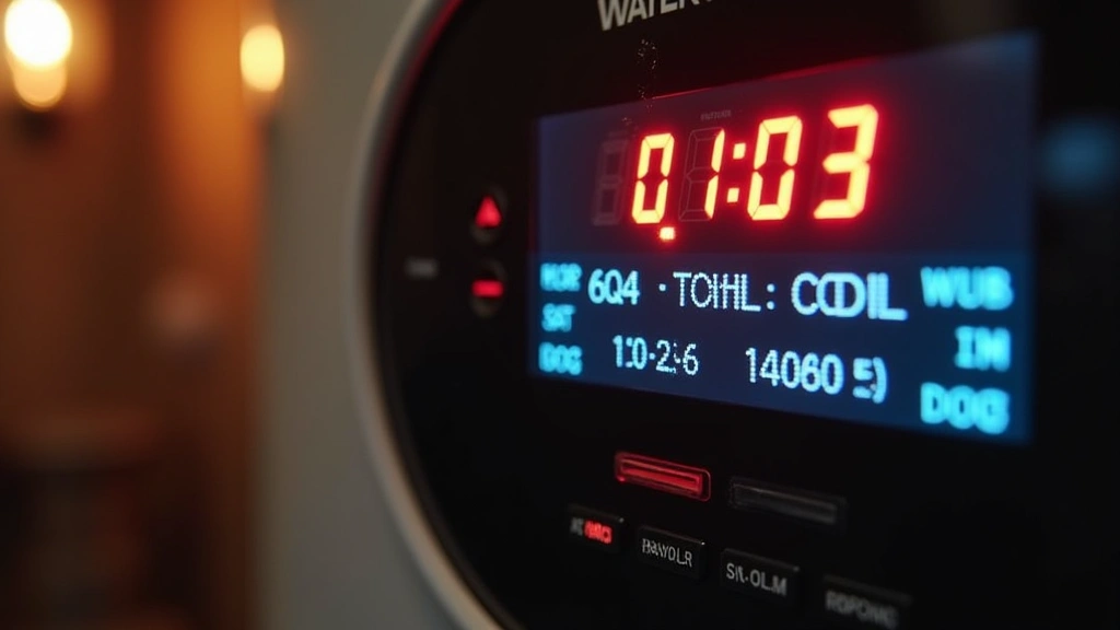 Detailed macro photography of water heater error code digital display screen showing diagnostic information, focus on numeric codes and LED indicators, warm background lighting, professional documentation style