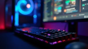 Close-up of gaming PC with mechanical keyboard, RGB lighting, and monitor displaying strategy game interface with tech tree visible on screen, professional esports setup