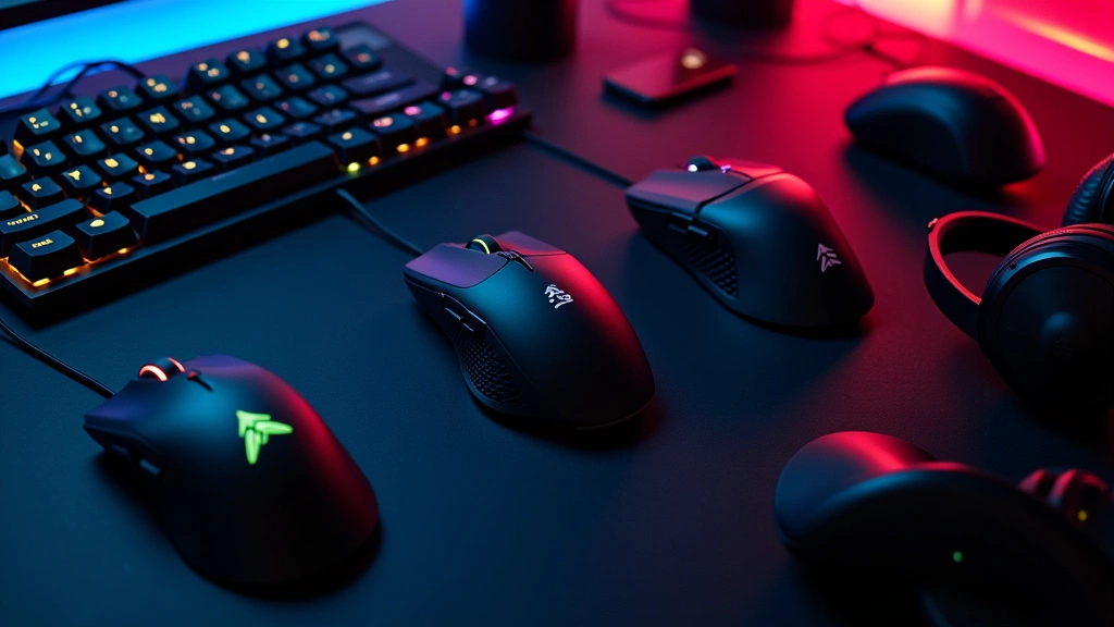 Overhead shot of multiple gaming mice, keyboard switches, and headphones arranged on dark desk with neon accent lighting, competitive gaming peripherals