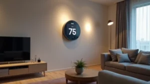 Modern apartment living room with multiple smart home devices visible including smart speaker, smart thermostat on wall, and wireless smart lights creating ambient lighting, contemporary minimalist design, professional product photography style