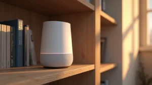 Modern minimalist apartment interior with smart speaker on shelf, showing sleek white cylindrical device with LED ring, wooden bookshelf background, soft warm lighting, photorealistic