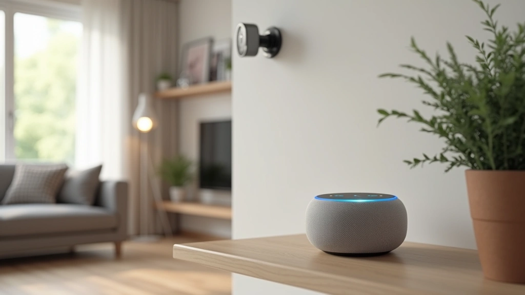 Modern minimalist apartment living room with Amazon Echo Dot on shelf, smart bulbs in floor lamp, and wireless security camera mounted on wall, natural daylight through windows, contemporary furniture, realistic photography