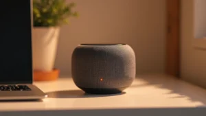 Professional product photography of compact smart speaker with fabric finish on minimalist desk setup, warm lighting, no logos visible, side angle view showing speaker design and LED indicators