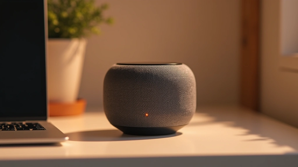 Professional product photography of compact smart speaker with fabric finish on minimalist desk setup, warm lighting, no logos visible, side angle view showing speaker design and LED indicators