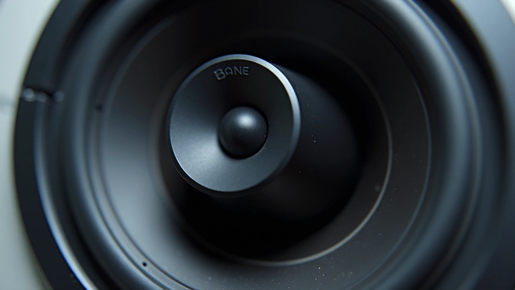 Close-up detail shot of smart speaker driver components and acoustic engineering, macro photography style, showing internal speaker mechanics without any text or branding visible