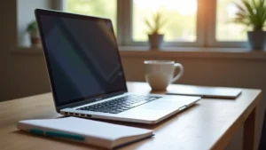 High-performance silver laptop on wooden desk with notebook and coffee cup, natural daylight from window, professional study setup