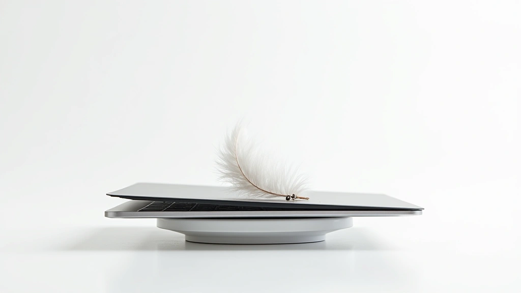 Slim ultrabook laptop weighing on scale with feather nearby, emphasizing lightweight portability, minimalist white background, tech photography style