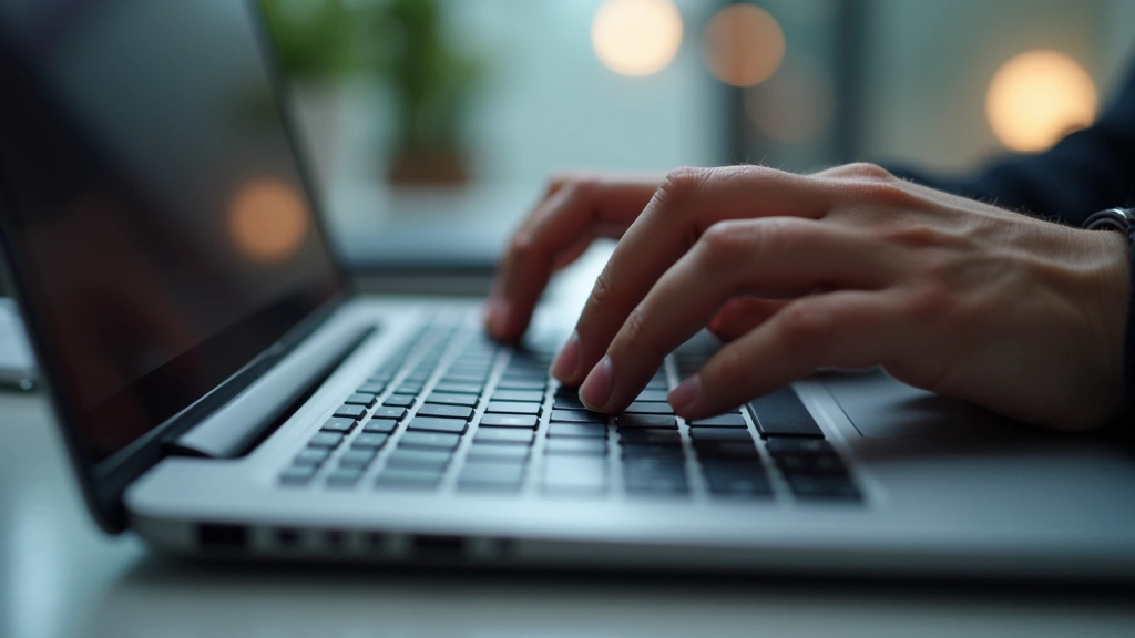 Laptop keyboard closeup with hands typing, mechanical switches visible, professional productivity workspace, shallow depth of field