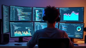 Professional developer working at a modern desk with multiple monitors displaying colorful API documentation, code editors with syntax highlighting, and real-time data dashboards showing API metrics and performance graphs