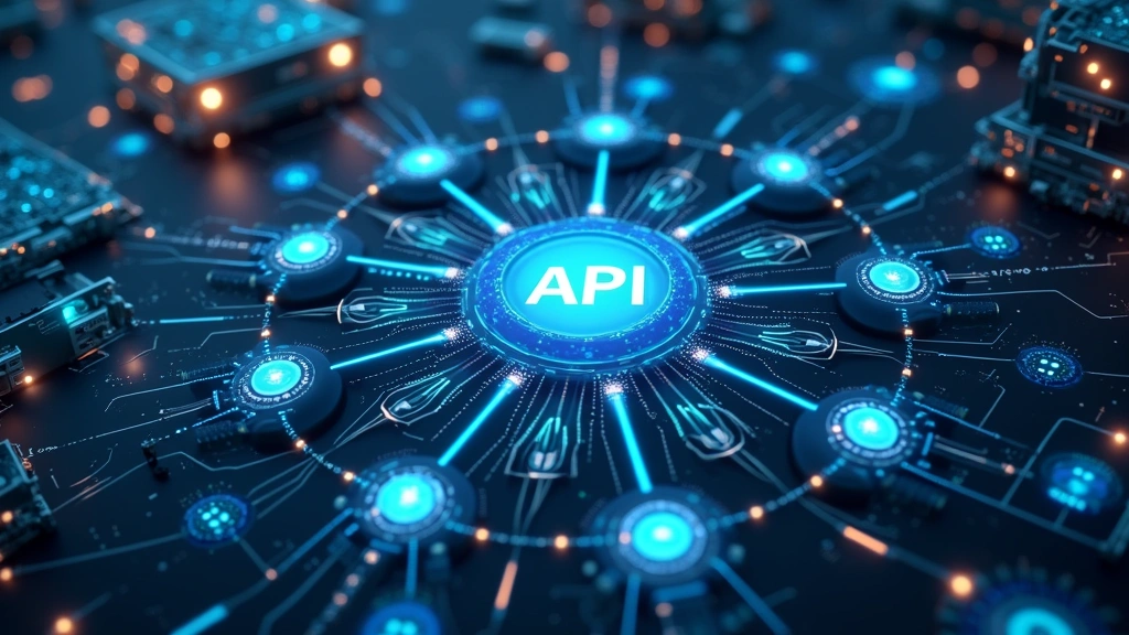 Futuristic technology infrastructure showing interconnected API nodes and data flow visualization with holographic displays and network topology diagrams in a data center environment