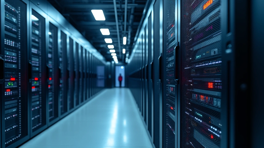 Enterprise data center with server racks and network equipment, fiber optic cables, networking hardware, professional corporate environment, representing secure APN infrastructure