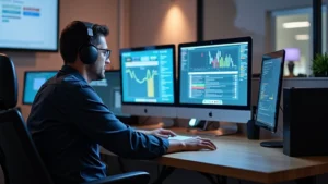 Apple tech support specialist at desk with multiple monitors displaying diagnostic software and customer information systems, professional office environment with Apple products visible