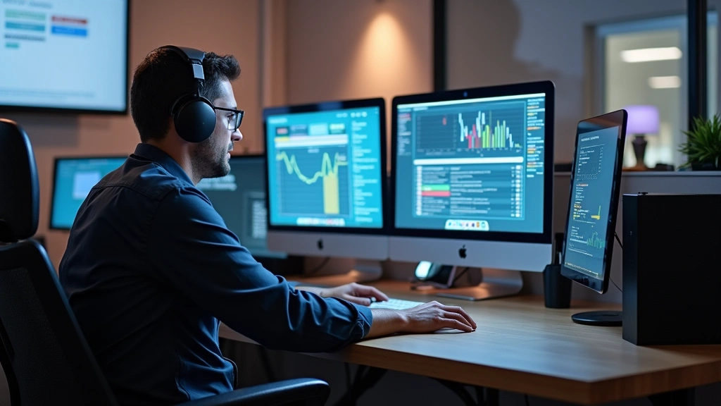 Apple tech support specialist at desk with multiple monitors displaying diagnostic software and customer information systems, professional office environment with Apple products visible