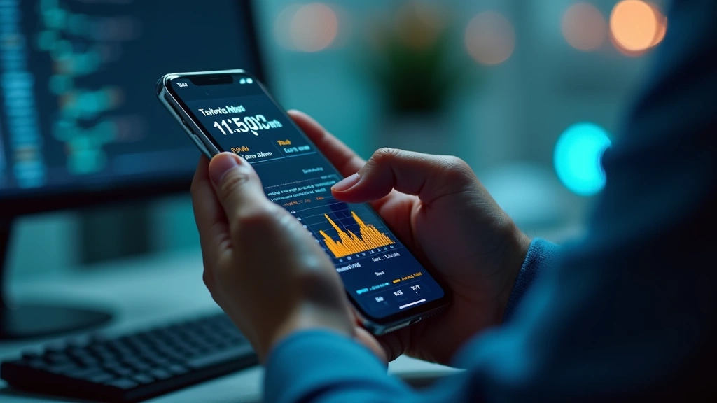 Close-up of hands holding iPhone with diagnostic overlay showing hardware test results, technical metrics visible on screen, professional support center setting