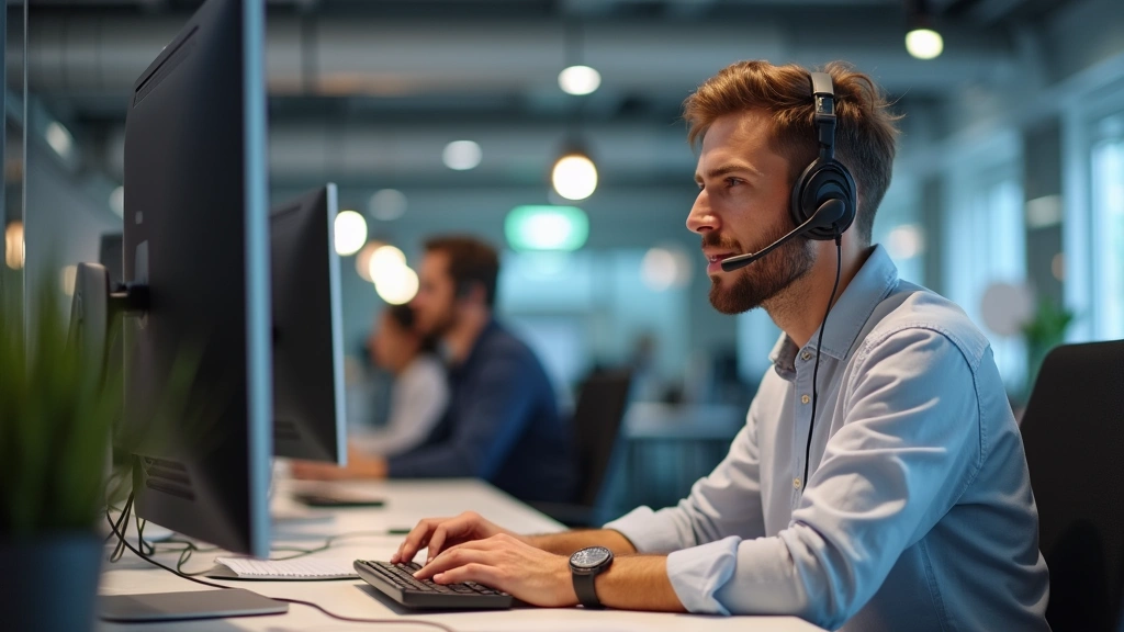 Apple support specialist communicating with customer through headset and computer, collaborative workspace with knowledge base materials, modern tech support center interior