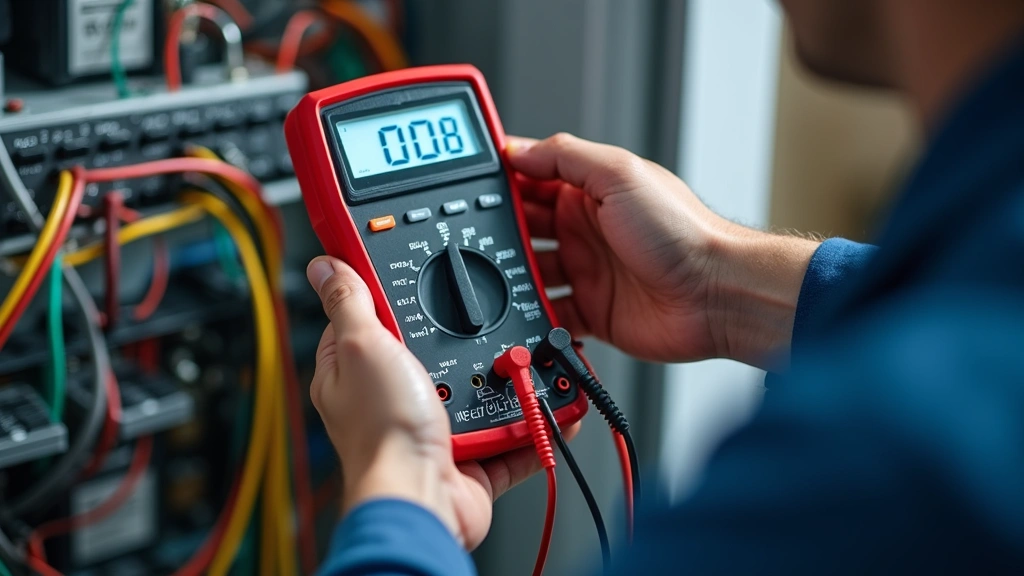 Professional technician using digital multimeter on appliance control board, close-up of meter display showing voltage readings, bright workshop lighting